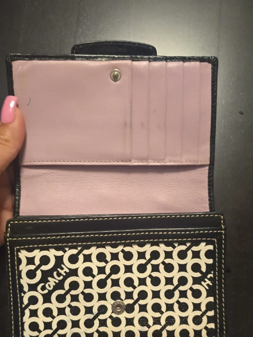COACH Black and White Signature Patent-Trim Wallet